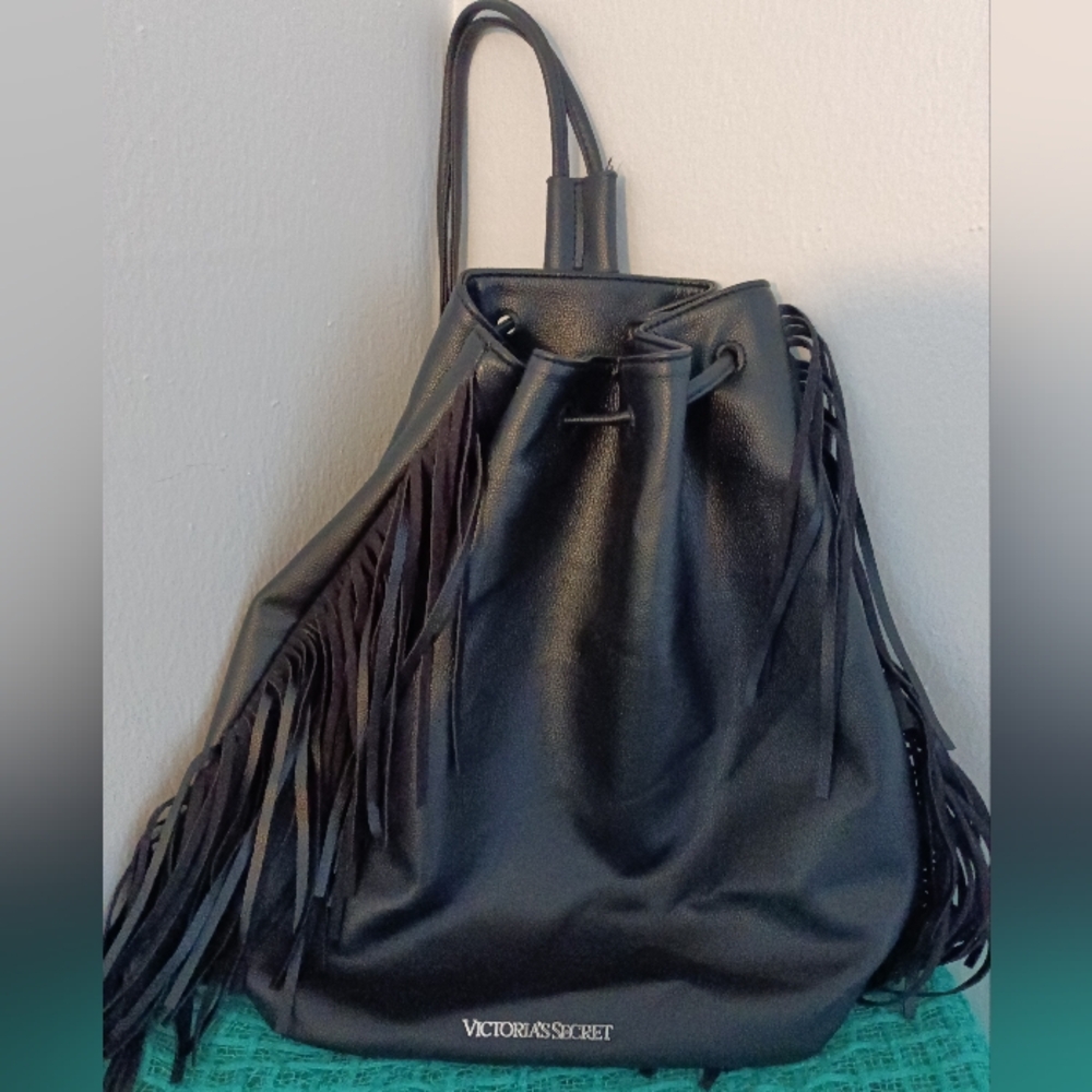 Victoria's Secret Black PU Leather Fringe Tote/ Bagpack Bag